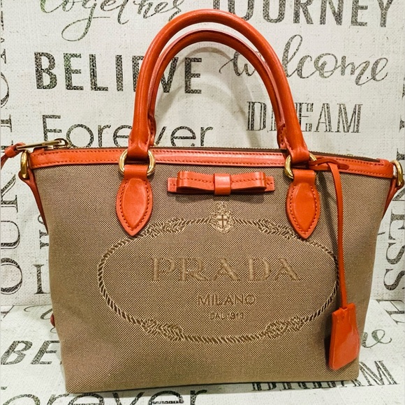 Authentic Prada Logo Jacquard 2 way Canvas small satchel - Picture 2 of 5